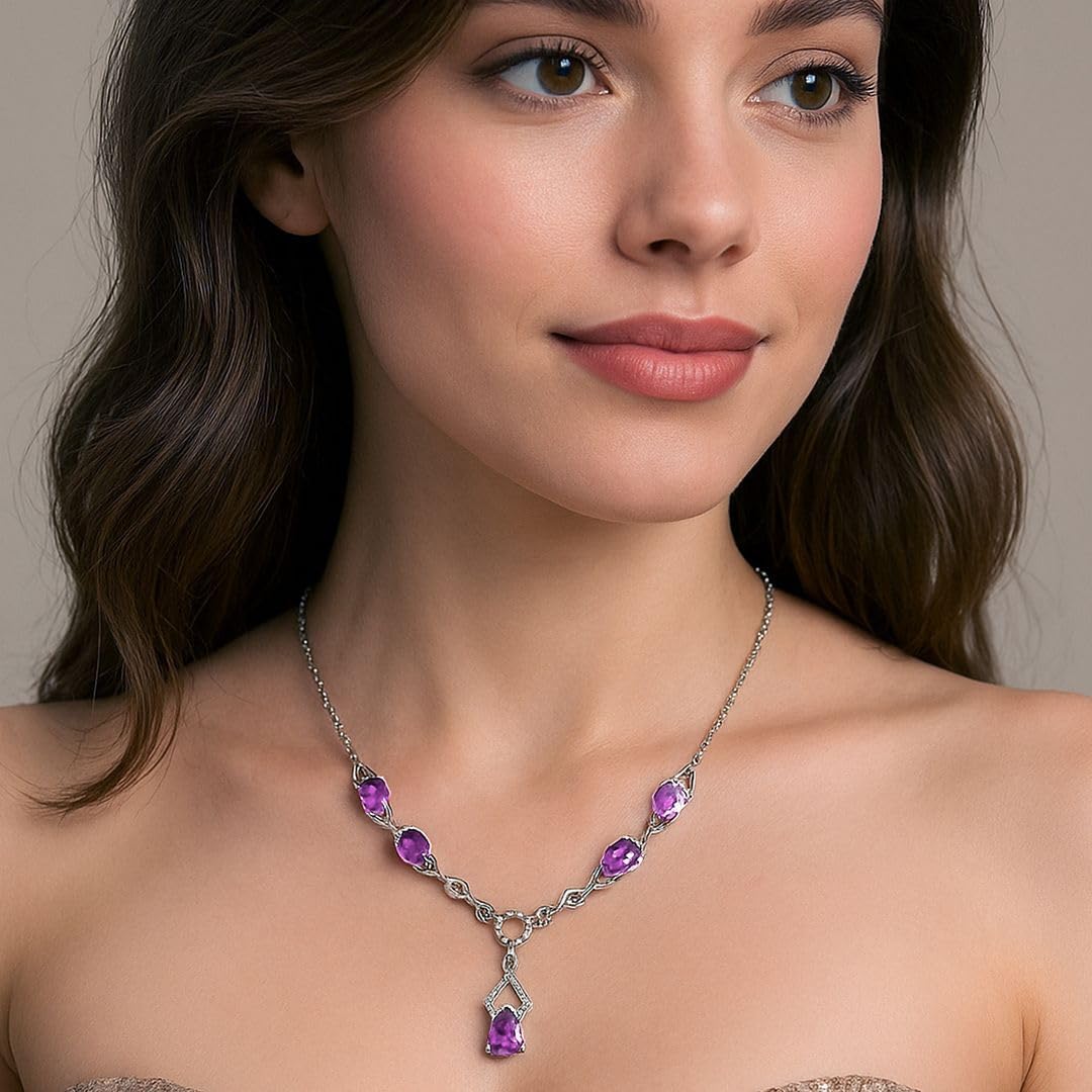 SHOP LC DELIVERING JOY Teardrop Birthstone Necklace for Women in 925 Sterling Silver with 18 Inches Stainless Steel Chain - Amethyst Garnet Gemstone Necklace Dainty Jewelry Christmas Gifts for Her