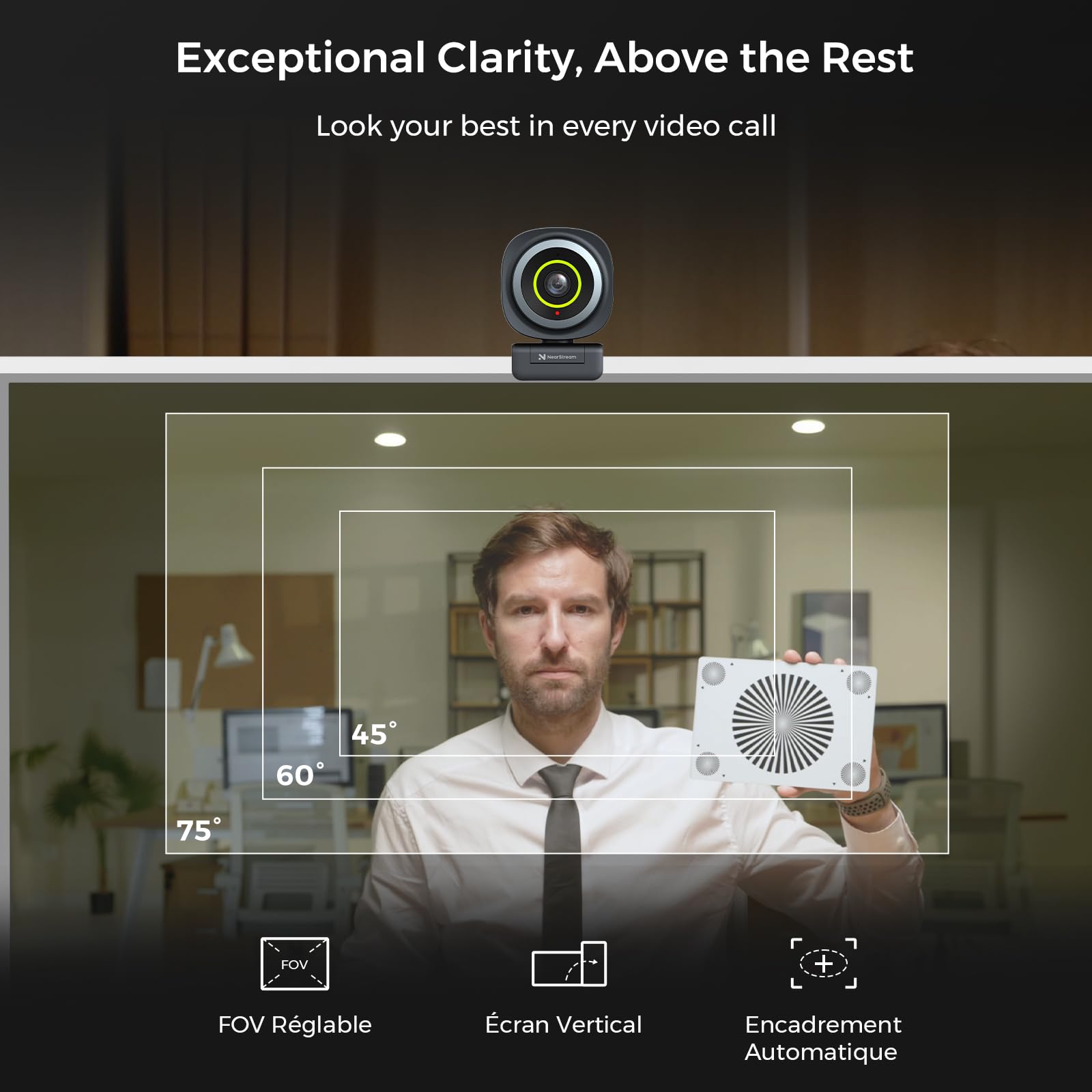 NearStream Webcam PC 4K HDR 1440P@30fps/1080P 60FPS, Microphone Intégré avec réduction du Bruit, Webcam Streaming avec Autofocus & Champ de Vision Ajustable(45°-95°) & Suivi IA Efficace (V08AF)