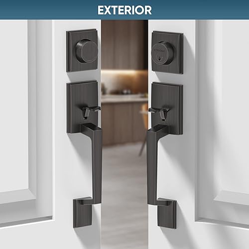 Miniatura 8 de TICONN Juego de manijas de puerta delantera doble, palanca de puerta cuadrada resistente y cerrojo de un solo cilindro para puertas exteriores de