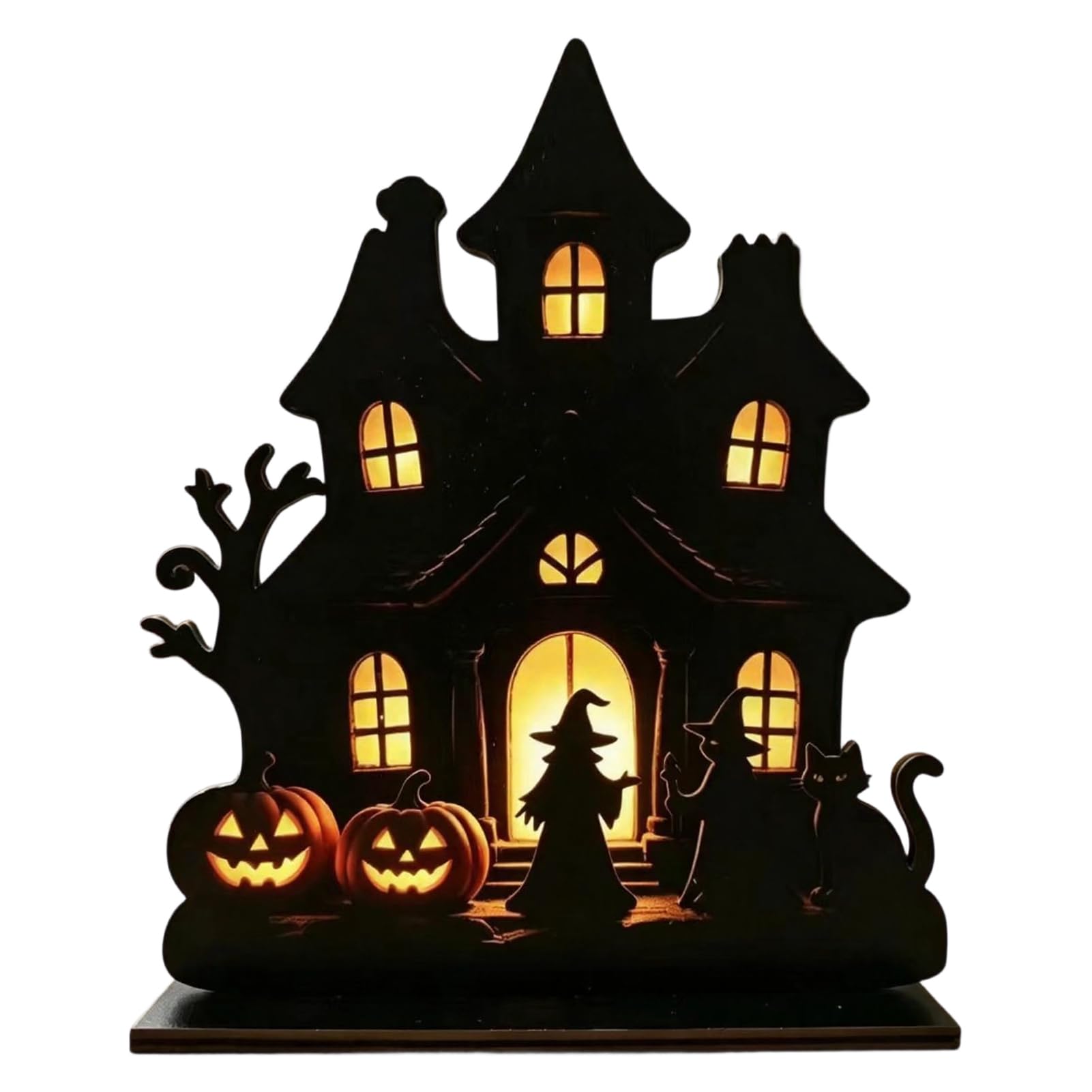 Tuxoiou Halloween Witch Wooden Table Centerpiece, Spooky Castle Witch Black Cat Standing Tabletop Ornament for Halloween Party, Desk Tiered Tray Decor B