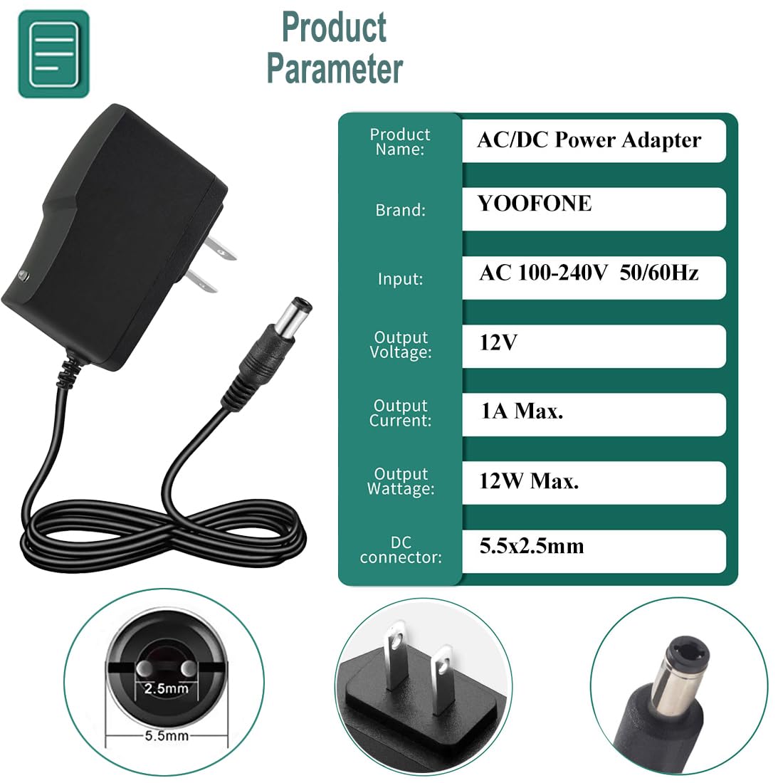 12V 1A Power Supply Adapter 100-240V 50-60Hz AC to DC Converter 12 Volts 1 Amp 0.5A Switching Power Supply Adapter with 5.5x2.5mm Plug DC 12V Power Cord