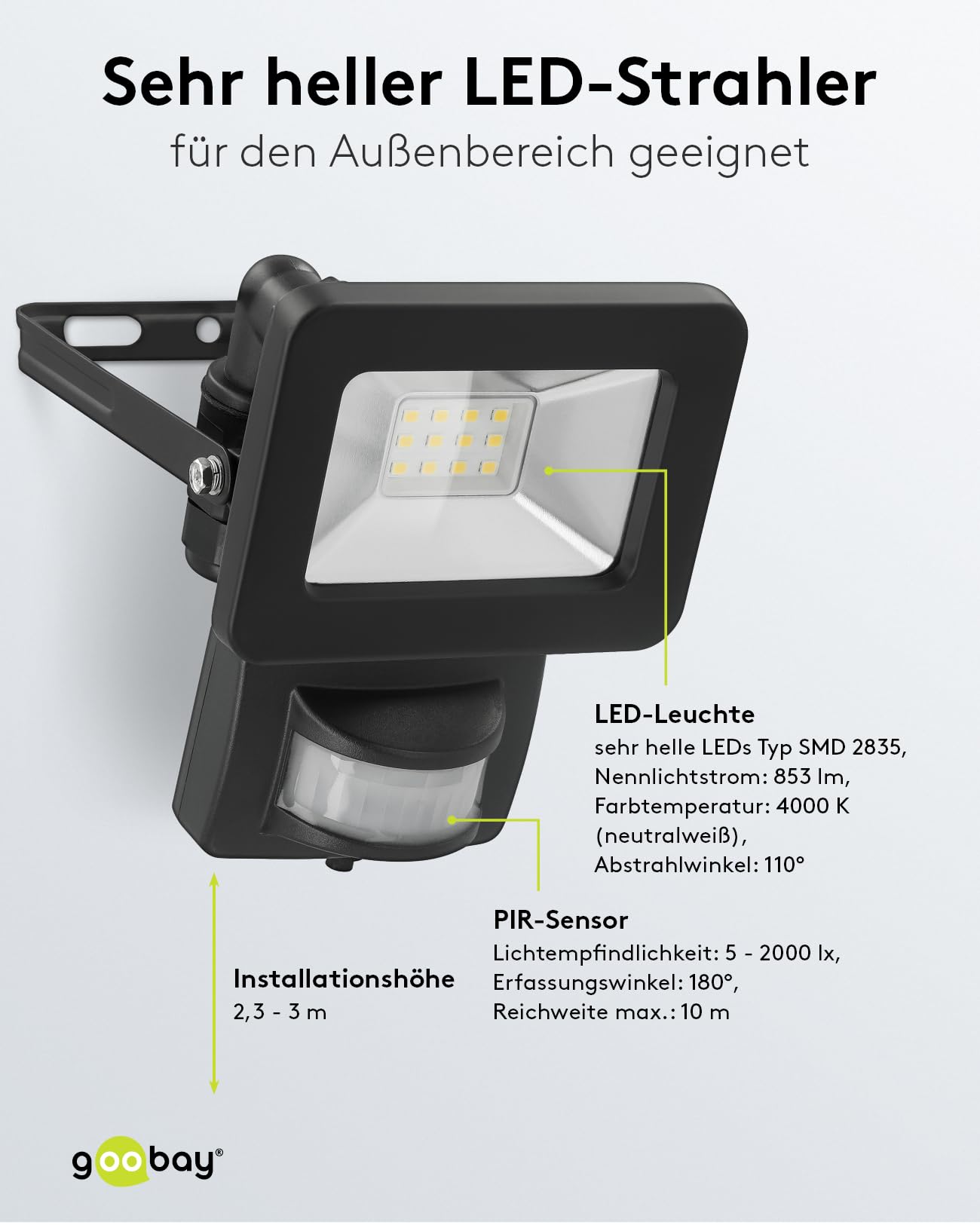 Faretto LED Da Esterno Con Sensore Di Movimento Goobay 53877, 10W, Luce Bianca, IP44, Nero - 5