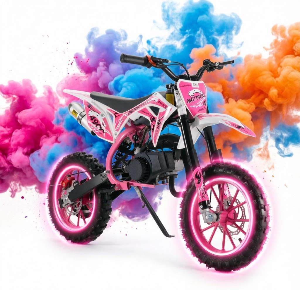 Honrane 49cc Dirt Bike for Kids, 2-Stroke Gas Dirt Bike, Gas Power Motocross Bike, Upgraded Gas Motorbike, Off Road Mini Motorcycle, Pocket Motorbike with Front Rear Disc Brakes, Max Speed 40KM/H Pink