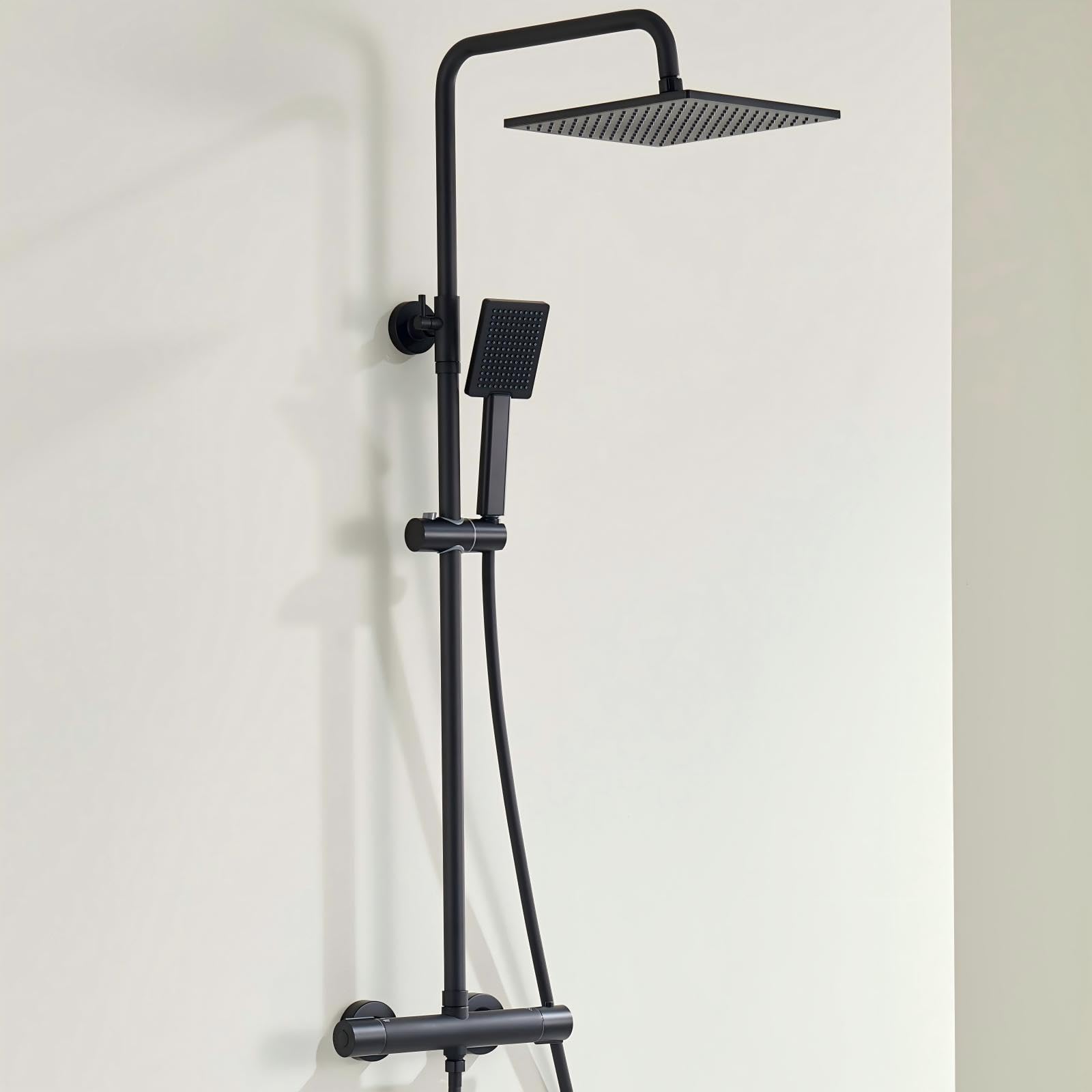 Auralum Duschsystem mit Verbrühschutz-Thermostat Armatur, Duscharmatur Komplettset Schwarz, 25x25cm Regendusche Duschkopf, Edelstahl Duschstange und Schlauch, Thermostat Duscharmatur Duschgarnitur