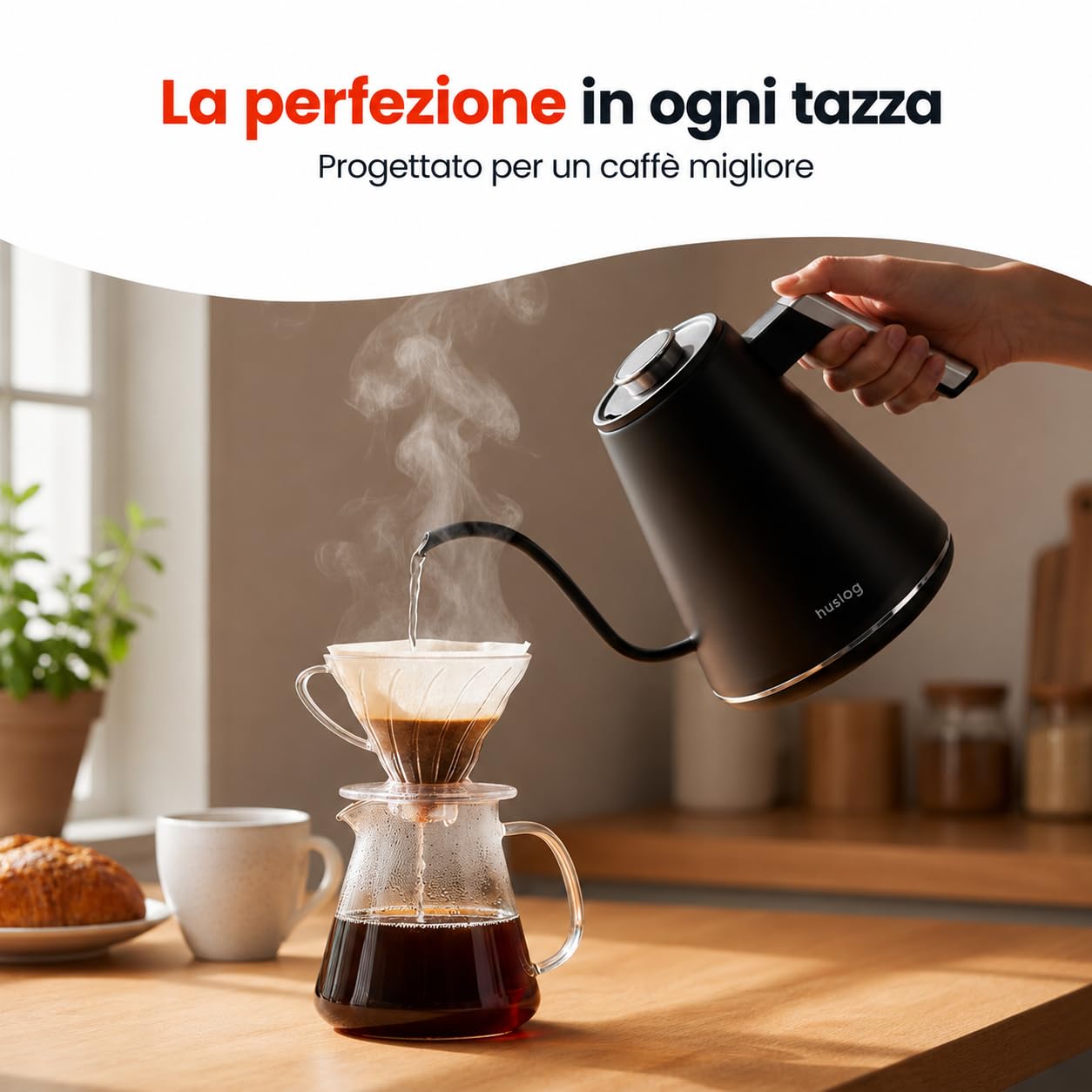 Bollitore elettrico 1L con regolazione della temperatura 40-100°C, collo di cigno, display LED, funzione di mantenimento al caldo, 1100 W, acciaio inossidabile 304, nero argento, base con