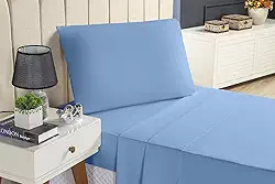 Anne House - Conjunto de Roupas de Cama 3 Peças - Jogo de Lençol 100% Algodão 200 Fios - Lençol com Elástico - Lençol de Cima - Fronha - Azul - Tamanho Queen