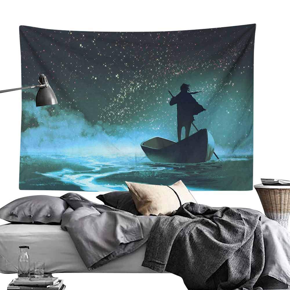 Maureen Austin Hippie Art Tapestry，Ocean,Man Rowing Boat in Sea Under Majestic Foggy Sky with Milky Way Magical View,Dark Blue Aqua White Tapestries for Home Dorm Decoration70 x90