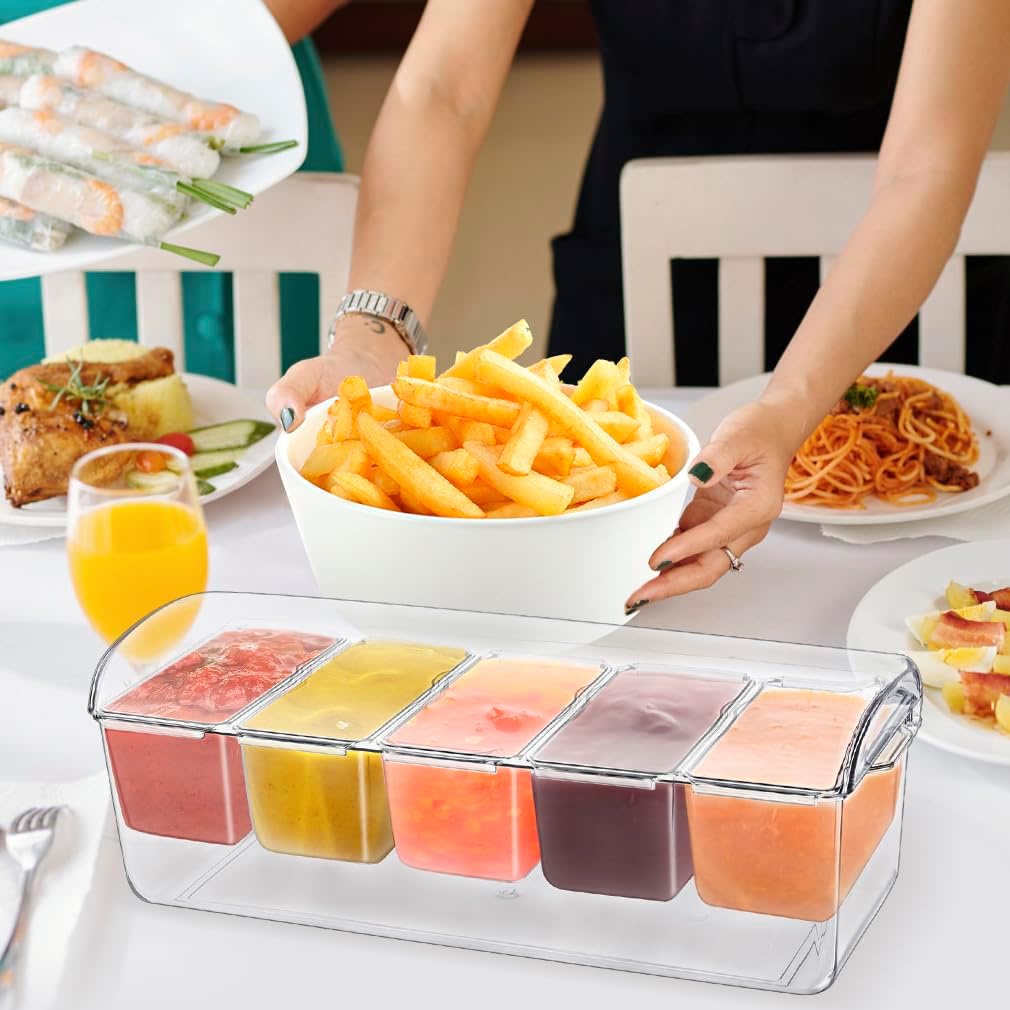 Condiment Tray, Large Ice Chilled Condiment Server Caddy with Lid, 5 Removable Compartment, Clear Garnish Serving Platter with Stainless Steel 5 Spoons 5 Forks 1 Clip for Bar Fruit Salad Food - Image 5