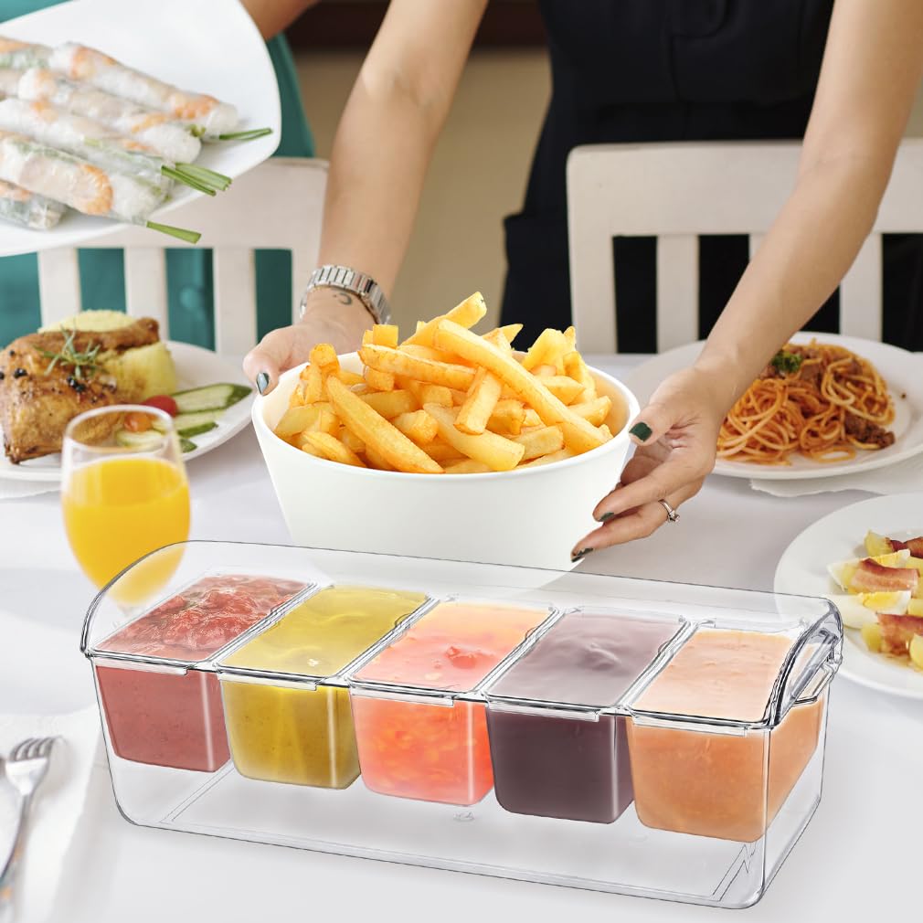 Gewürzschale Abnehmbarer Zutatenbehälter mit Deckel, Gekühlten Zutatenbehälter, 5 Fächer 12,7 x 6 x 7,1 cm, Eisgekühlter Gewürz Servierbehälte für Snacks Obst Toppings inkl.
