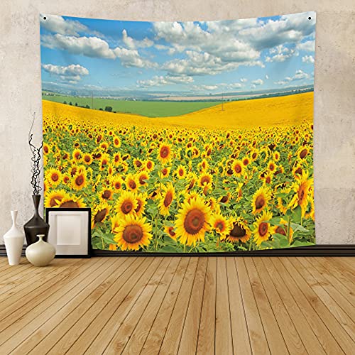 Qinunipoto タペストリー ひまわり 花の海 青い空 150x130cm インテリア アートポスター おしゃれ 壁掛け 撮影用 ビデオ会議 背景 モダンアート 写真 家/自宅/お店 雰囲気転換 新居祝い プレゼント用 部屋改造 リビングルーム/ベッドルーム [2]