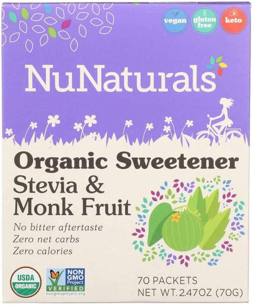 NuNaturals, Organic Sweetener, Stevia and Monk Fruit, 70 Packets, 2.47 oz (70 g)