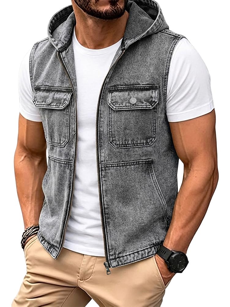 shownicer Gilet Jeans Uomo Moto Giubbotto Smanicato Cappuccio