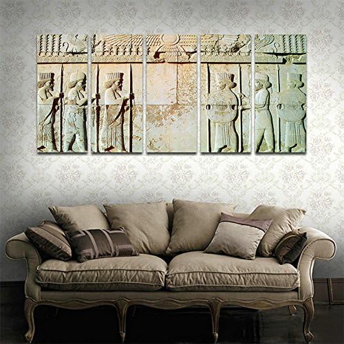 CyiArt - 5 Panels Wall Art Persepolis - Persian Soldiers Statue Modern Home Decorative Painting Canvas Print Picture Vintage Poster Wall for Home Decor (69" W x 32" H, Framed and Ready to Hang)