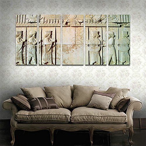 Cyiart - 5 Panels Wall Art Persepolis - Persian Soldiers Statue Modern Home Decorative Painting Canvas Print Picture Vintage Poster Wall For Home Decor (69" W X 32" H, Framed And Ready To Hang) #TOP27