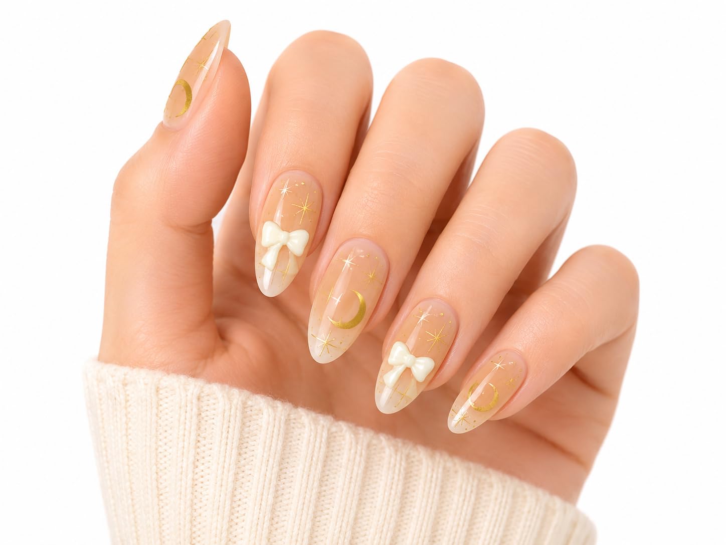 Moon & Star Korean Style False Nails | Glossy Pink Press-On Nails-image-17