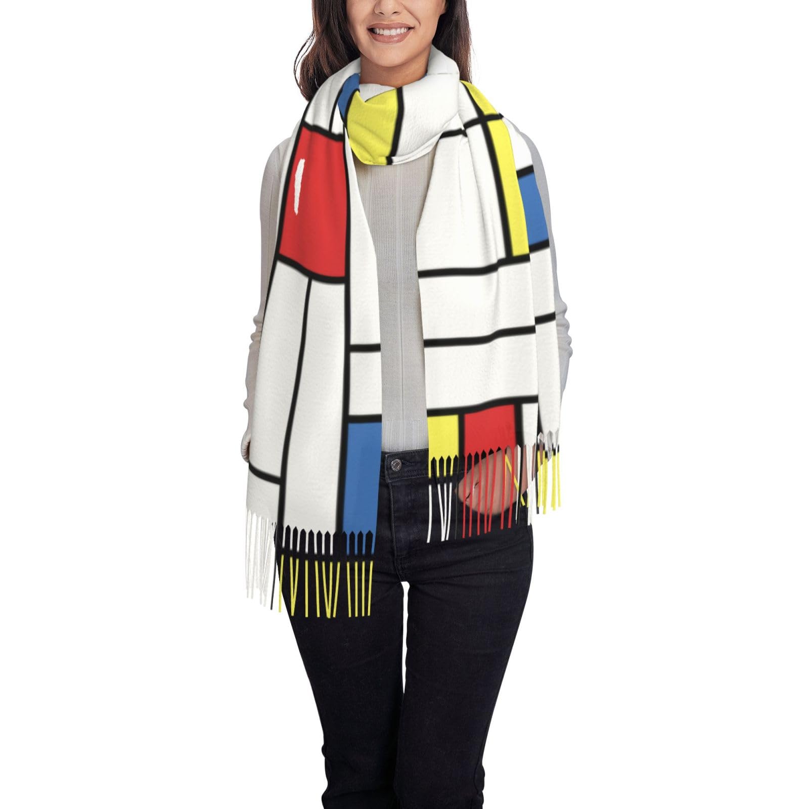 Hnnkloy Unisex As Picture Mondrian Blocks,Women's Fashion Imitation Cashmere Scarf, Lightweight Tassel Shawl 197X72 Cm