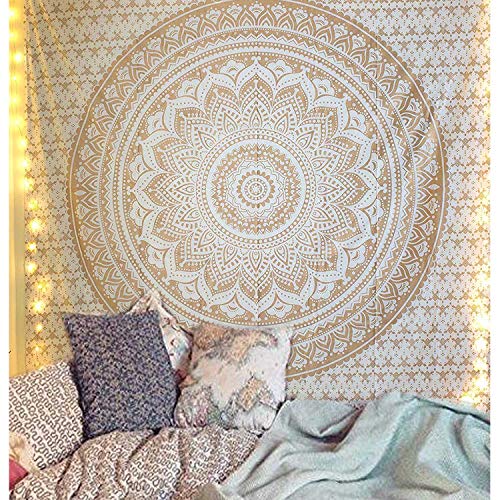 Casa Moro Wandbehang Mandala Amba Weiss Gold 140x220 cm Einzelbett Überwurf | Psychedelische Tagesdecke dekorativer…