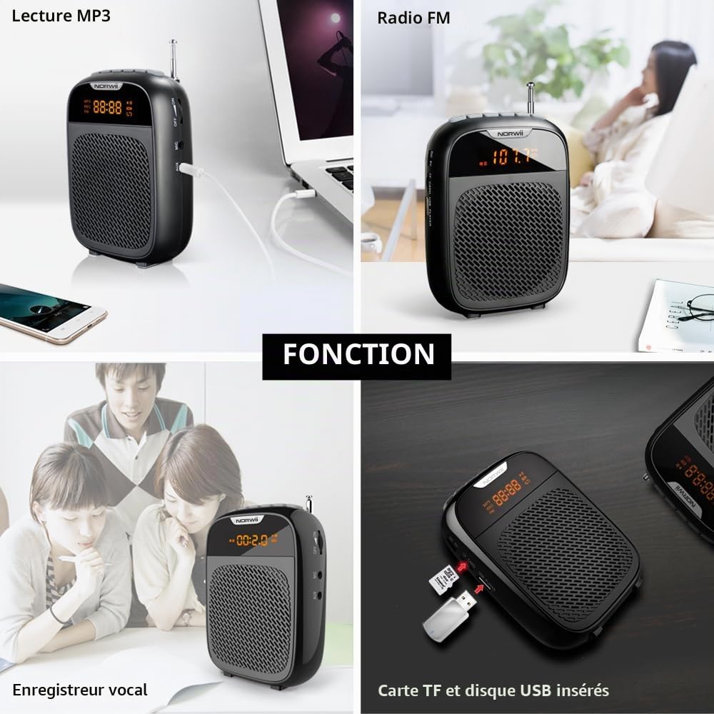 Norwii Mini amplificateur de Voix Portable Rechargeable Bluetooth 4000 mAh avec Microphone avec câble Casque et Ceinture, système PA amplificateur de Voix Personnel pour Enseignants, Guides
