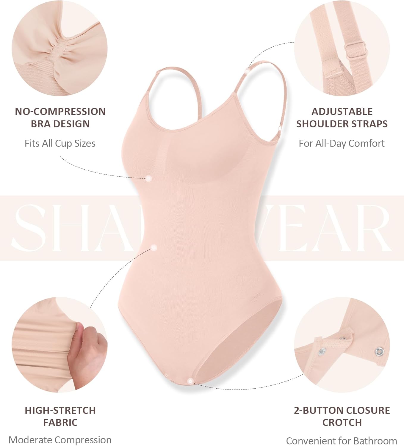 FeelinGirl Bodysuit for Women Tummy Control Shapewear Seamless Bodysuit Body Shaper Butt Lifter Beige XL/XXL - Image 3