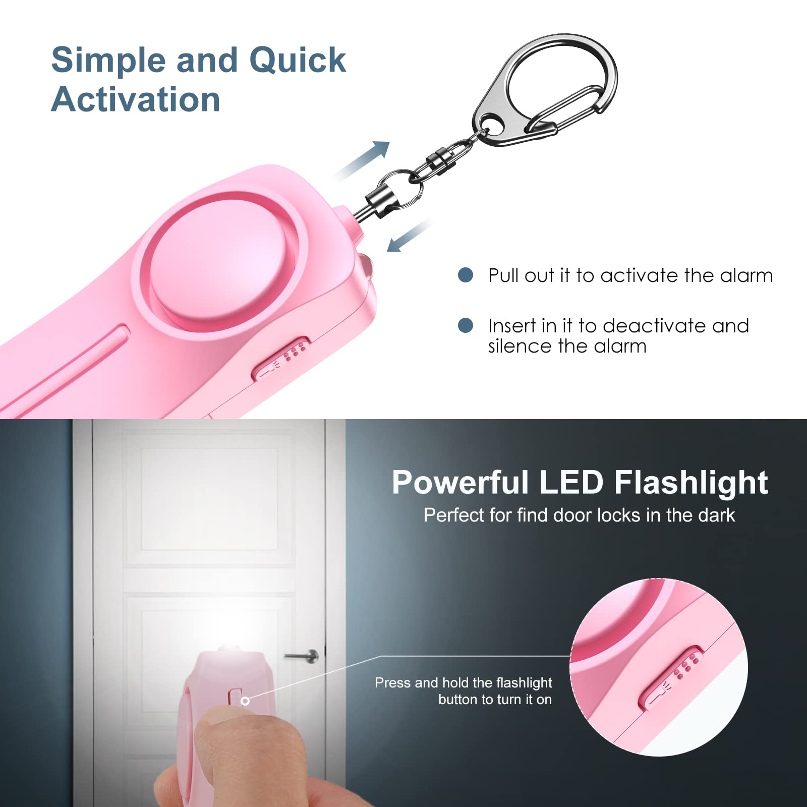 Lot de 4 alarmes personnelles avec alarme personnelle - Accessoires de porte-clés de sécurité pour femme, ensemble de porte-clés d'autodéfense avec alarme personnelle, rose