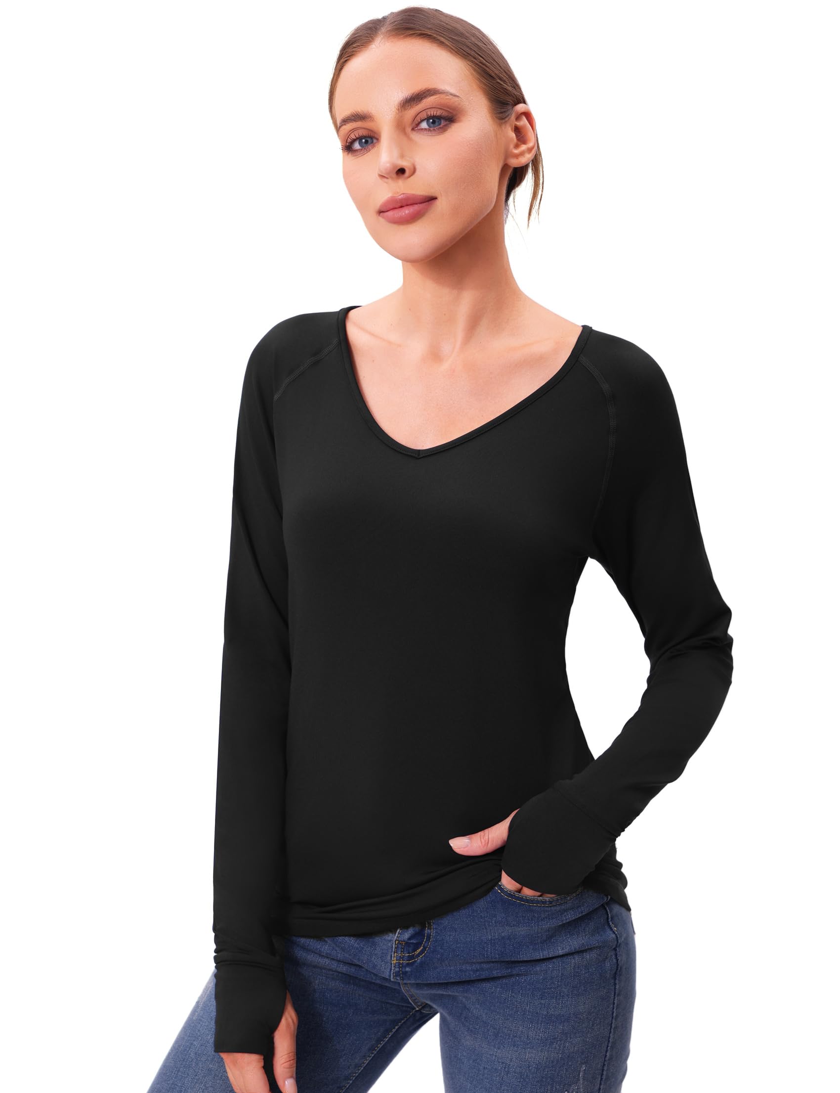 Haut Thermique Femme Col en V à Manches Longues avec Trous pour Les Pouces Basic Tee Shirt Léger Slim Fit sous-vêtement Thermique pour Hiver Automne
