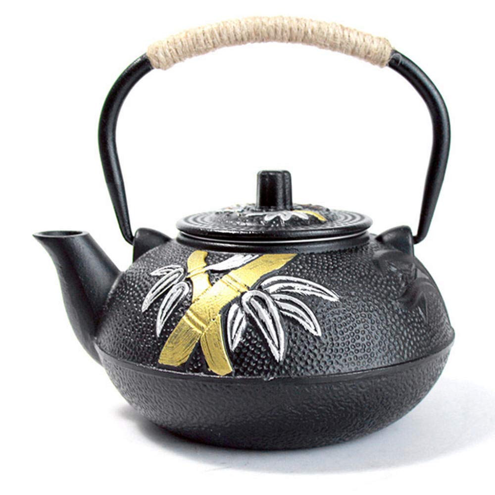 Tetera Japonesa de Hierro Fundido Negro con colador, Regalo, 9 Patrones - Aguja de Pino Dorada, China (Pino, bambú y Ciruela)