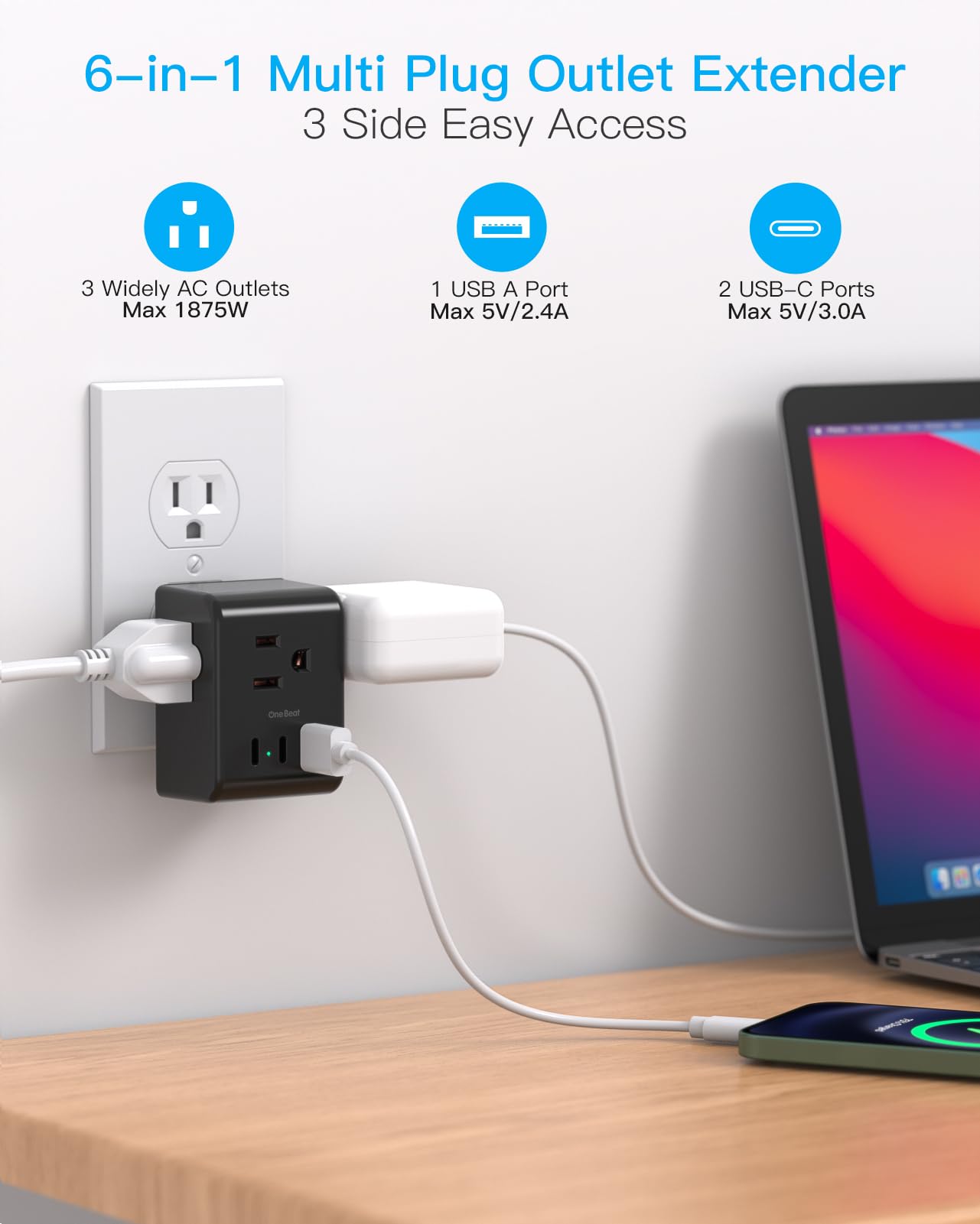 Multi Plug Outlet Extender, Power Strip Non Surge Protector Electric Outlet Splitter with 3 USB Wall Charger (2 USB C), Multiple Outlet Expander for Cruise, Dorm, Travel, Home, Office(Black)
