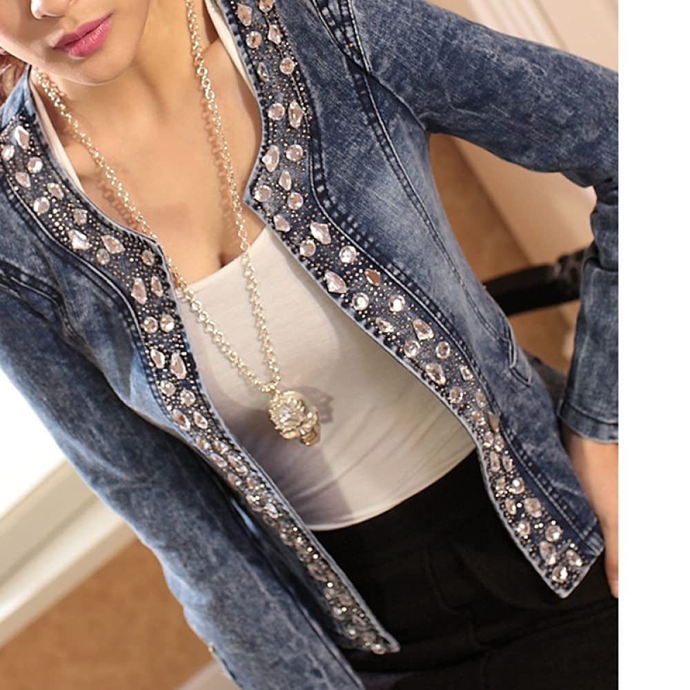 Giacca in Jeans Donna, Giacca Casual in Denim Girocollo, Giacca in Denim Slim Plus Size, Elegante Giacca Cardigan con Strass da Donna