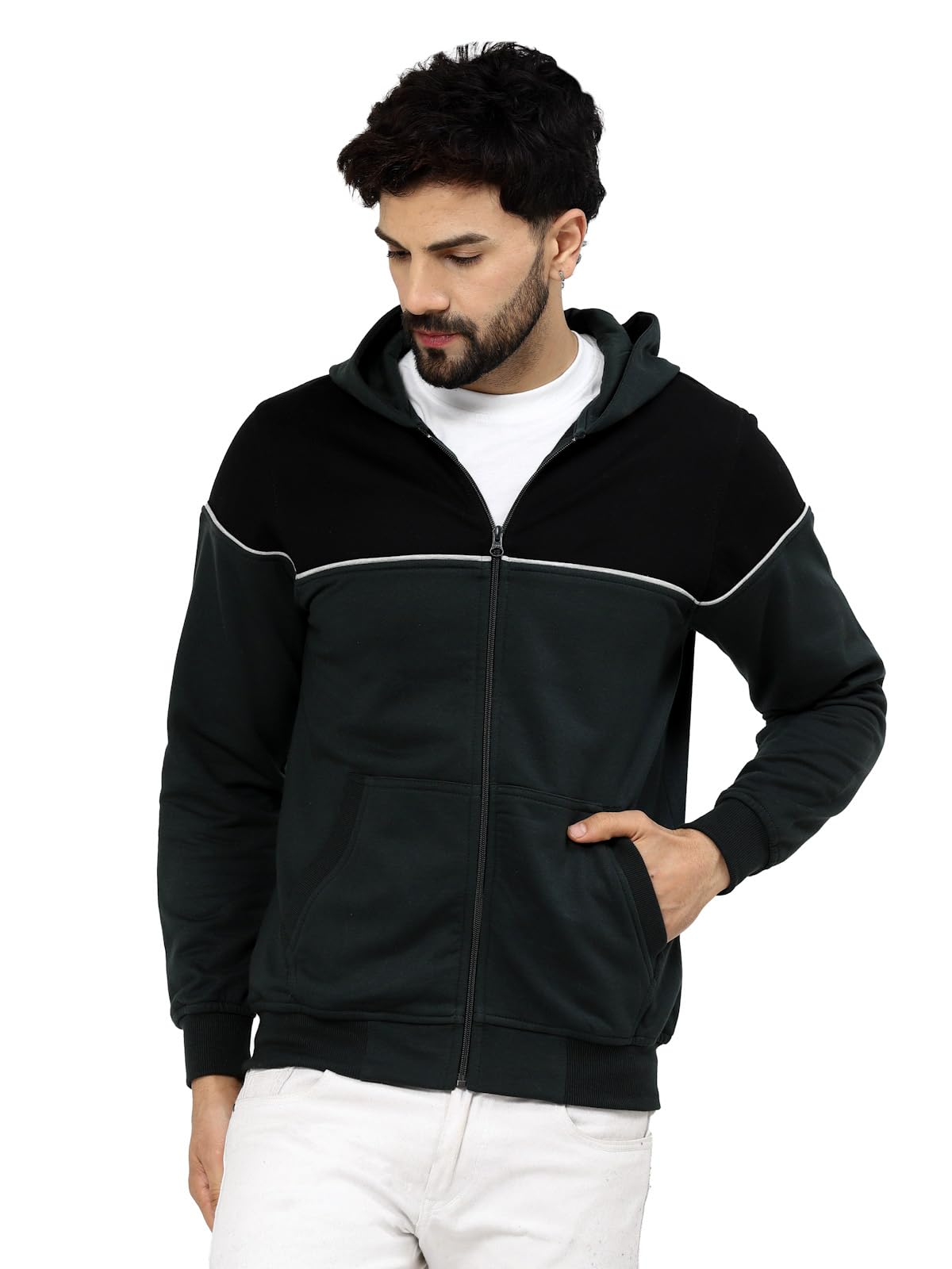 kalt Men Full Sleeves Zipper Fleece Colour Block Hoodie-picture-11