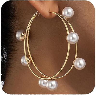 أقراط لؤلؤة الذهب Boho Huge Dangle Double Circle Pearl Earring أقراط بيان هندسي مبالغ فيها للنساء