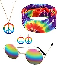 4 Piece Hippie Accessories Set, Hippie Headband, Necklace, Earrings and Sunglasses, Festival Outfit Men, 70s Fancy Dress Mens, Retro Theme Party Costume, Gift for Adults