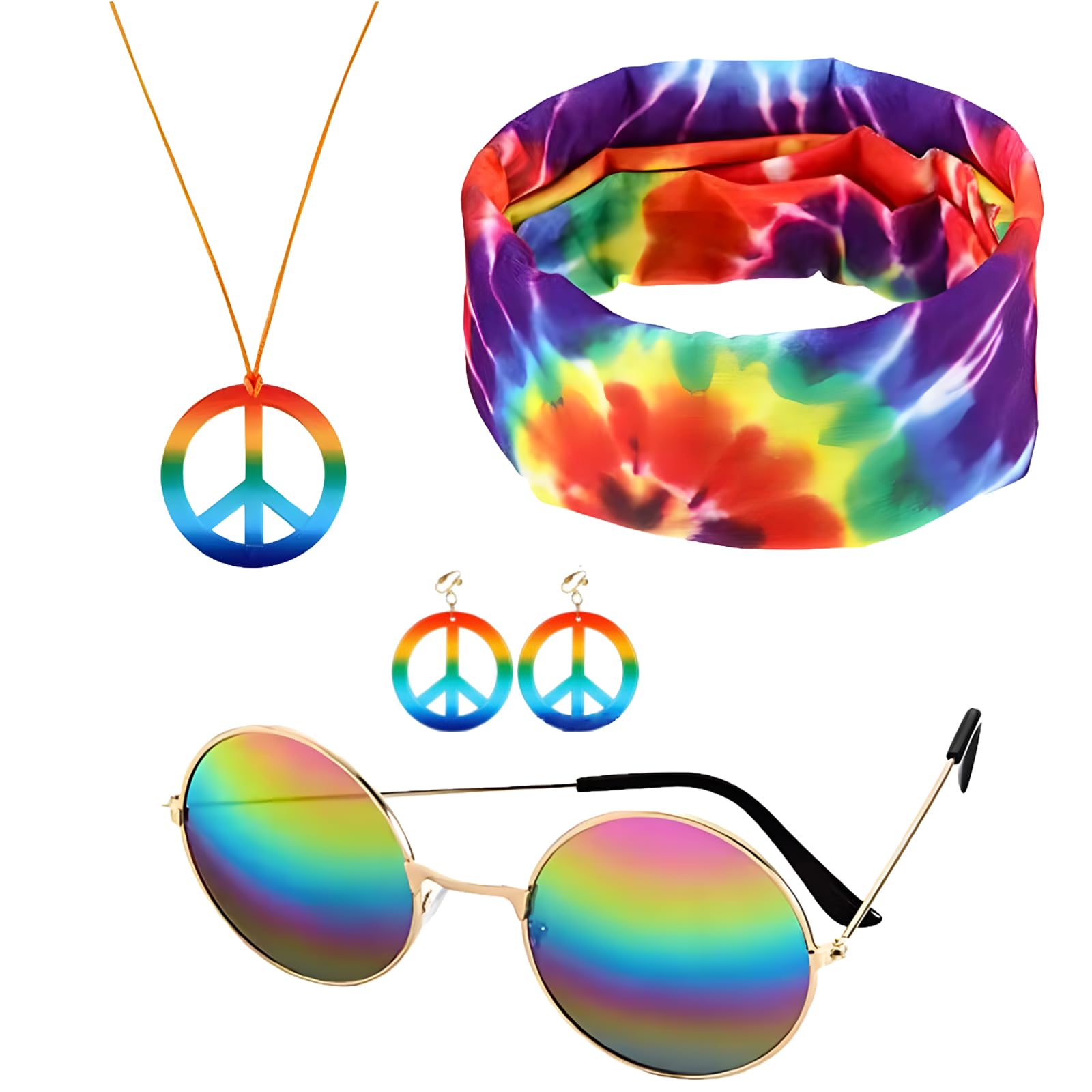 QhgPnt 4 Piece Hippie Accessories Set, Hippie Headband, Necklace, Earrings and Sunglasses, Festival Outfit Men, 70s Fancy Dress Mens, Retro Theme Party Costume, Gift for Adults