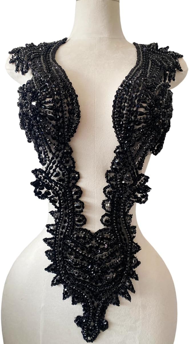 Handmade Crystal on lace Applique Sewing Rhinestones Beads Sequins Patches Trim Luxury Decoration Accessories for Wedding Dress (Black)