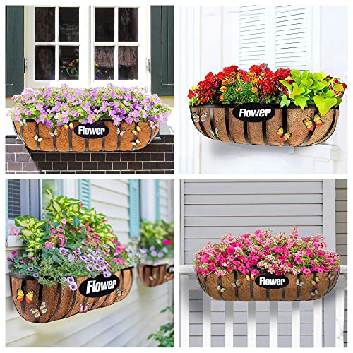 Y&M 24" Window Boxes Horse Trough With Coconut Coir Liner, 24 Inch Window Deck With Coco Liner, Fence Metal Hanging Flower Planter Window Basket Deck Railing Planter Boxes (24'' 2Pcs) #TOP6
