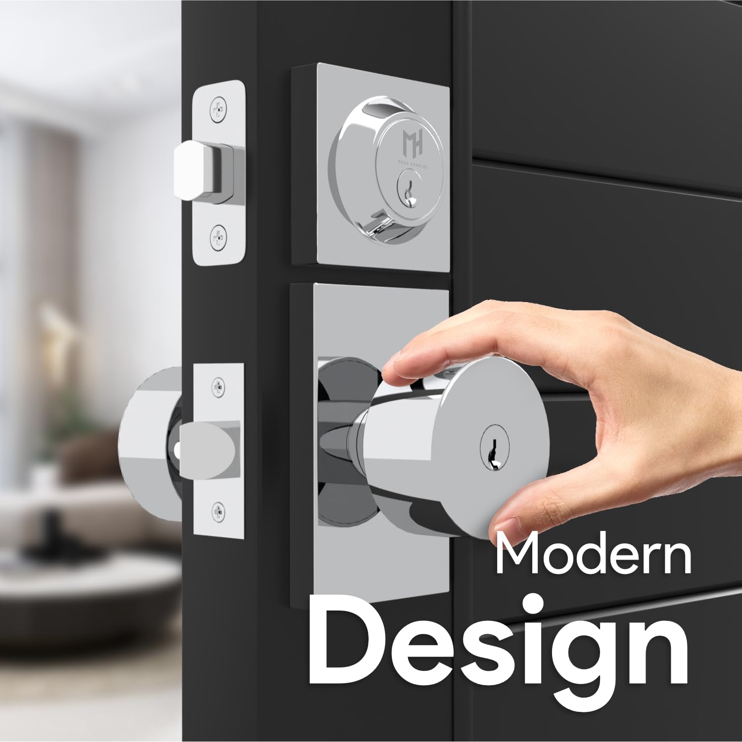 Mega Handles Laura - Pomo para puerta de entrada y cerrojo cromado - Combo con llave | Aleación de zinc macizo, cromo pulido, perilla redonda moderna, roseta rectangular, reversible izquierda o derecha