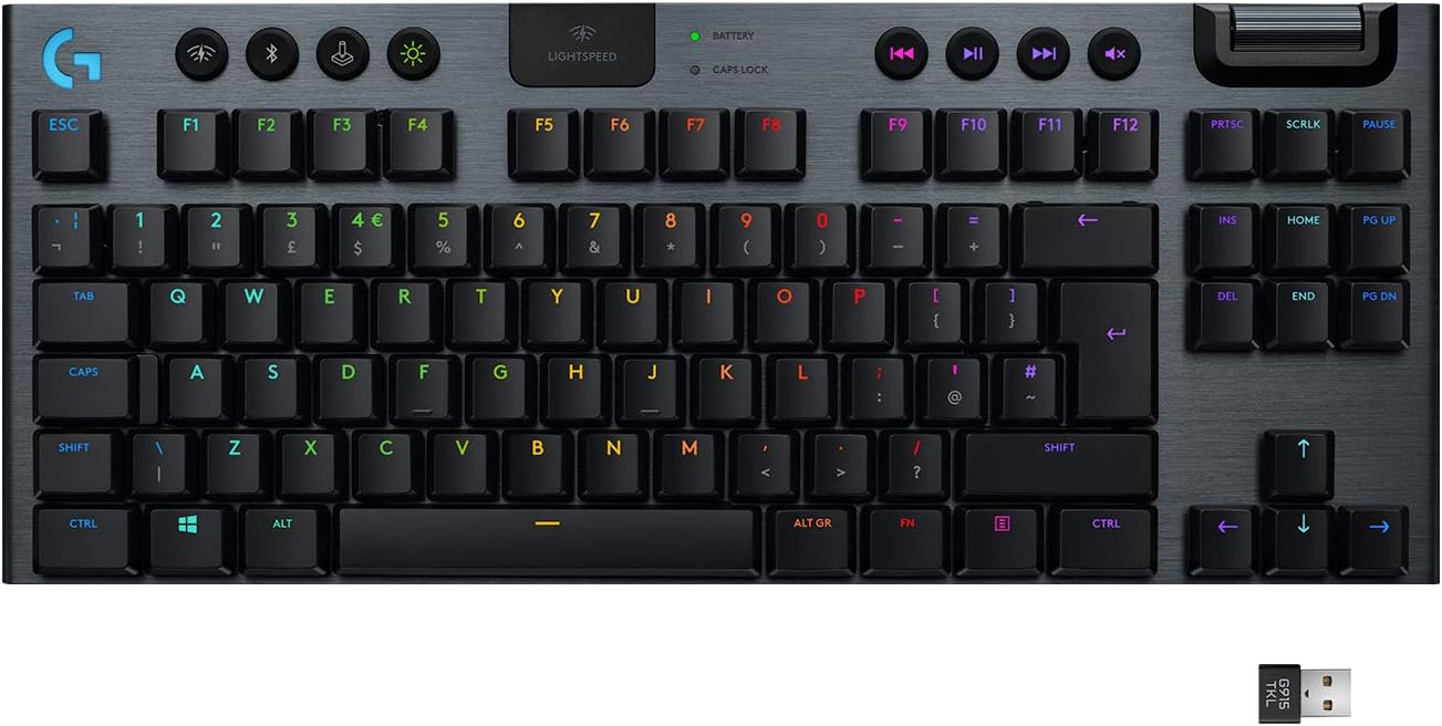 Logitech G G915 LIGHTSPEED TKL Tenkeyless Wireless Mechanical Gaming Keyboard with low profile GL-Clicky key switches, LIGHTSYNC RGB, Ultra thin design, 40, hours battery life,QWERTY UK Layout - Black