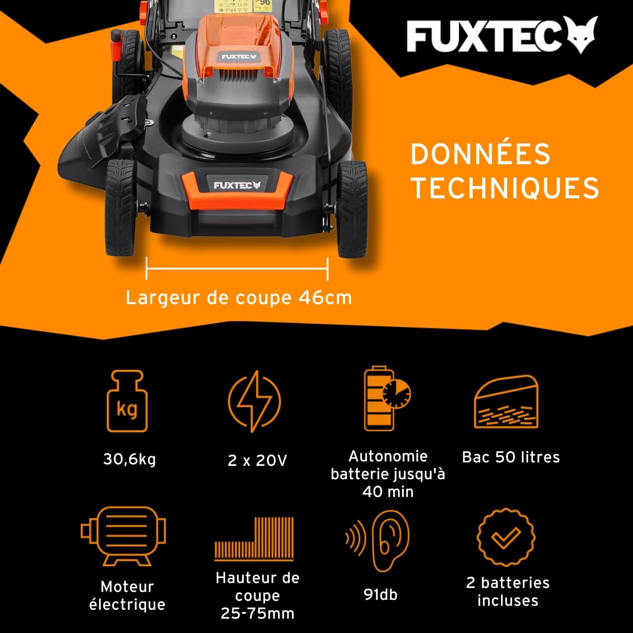 FUXTEC Tondeuse à Gazon sans Fil 40V FX-E2RM46 • Autotractée avec 2 Batteries 4Ah et Double Chargeur • Coupe 46 cm • Mulching et Éjection Latérale • Bac 50L • Hauteur de Coupe 25–75 mm