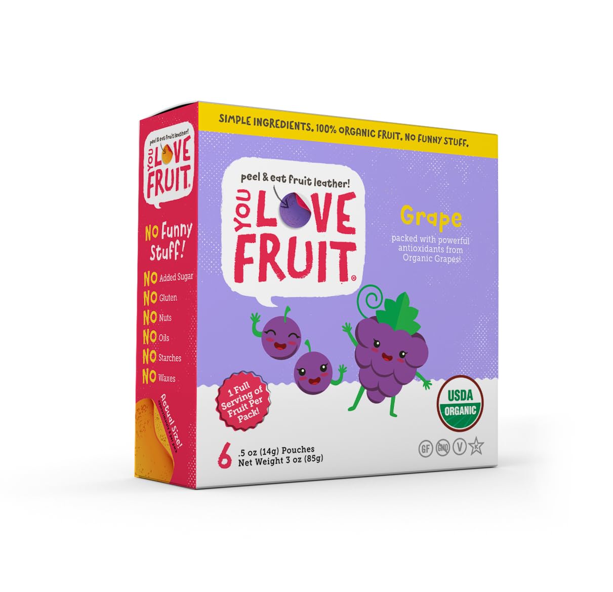 YOU LOVE FRUIT – All Natural Fruit Snacks, Healthy Snack Pack, Real Fruit! Gluten Free, Non GMO, Vegan, Fiber packed, Low Fat, Kosher, 0.5 oz Pouches (Pack of 6, Grape)