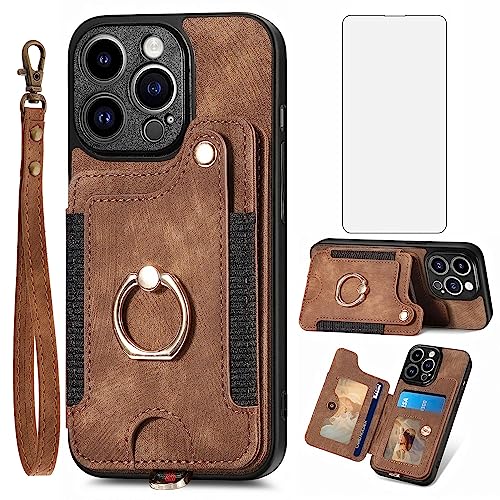 Coque iPhone 15 Pro Max premium marron avec porte-carte et bague support