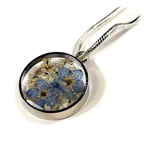 Real Forget-Me-Not Flower in Clear Lucite Resin Pendant Pressed Floral