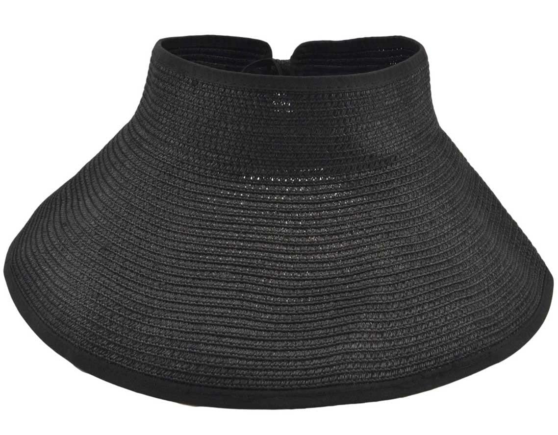Ausuaya Women's Black Foldable Sun Protection Straw Visor, Roll Up Wide Brim Packable Beach Hat With Ponytail Hole For Travel Gb- Sm01 (Black)