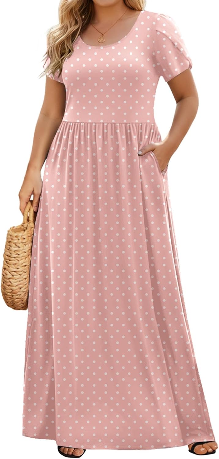 IN'VOLAND Plus Size Maxi Dresses for Women Summer Petal Short Sleeve Dress Casual Loose Flowy Long Sundress with Pockets