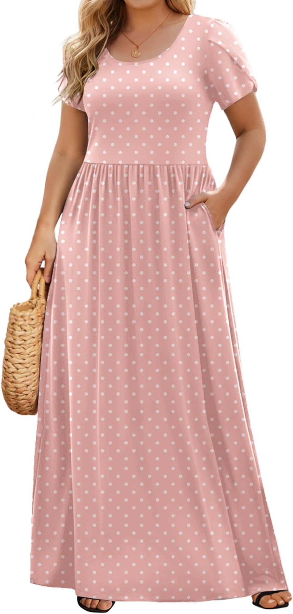 Plus Size Maxi Dresses for Women Summer Petal Short Sleeve Dress Casual Loose Flowy Long Sundress with Pockets
