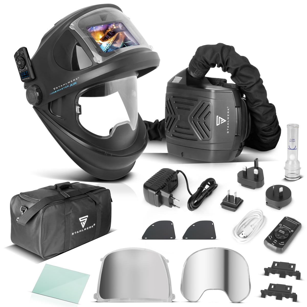 STAHLWERK Automatik-Schweißhelm 3-in-1 Master AIR – Schweißhelm mit Frischluftzufuhr, Funktionssteuerung per Bluetooth, True-Colour-Farbwiedergabe, Abdunkelung DIN 4 bis DIN 14, Optik-Klasse 1/1/1/1