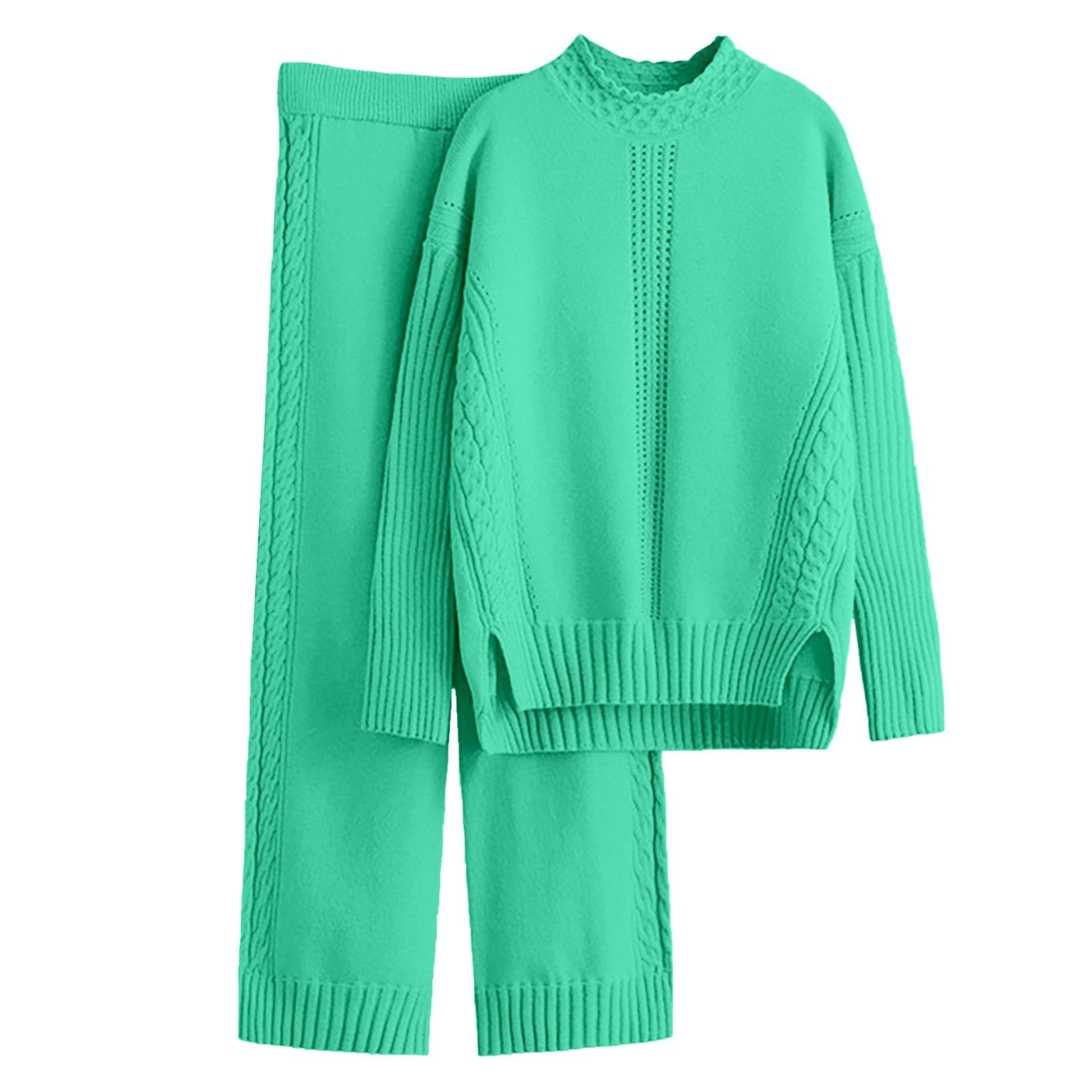 Generico Pigiami Due Pezzi da Donna Estivo Eleganti Pantaloni A Gamba Larga Maglione A Collo Maniche Lunghe Tinta Unita Autunno Inverno da Donna Versione Completo Estivo Pigiama