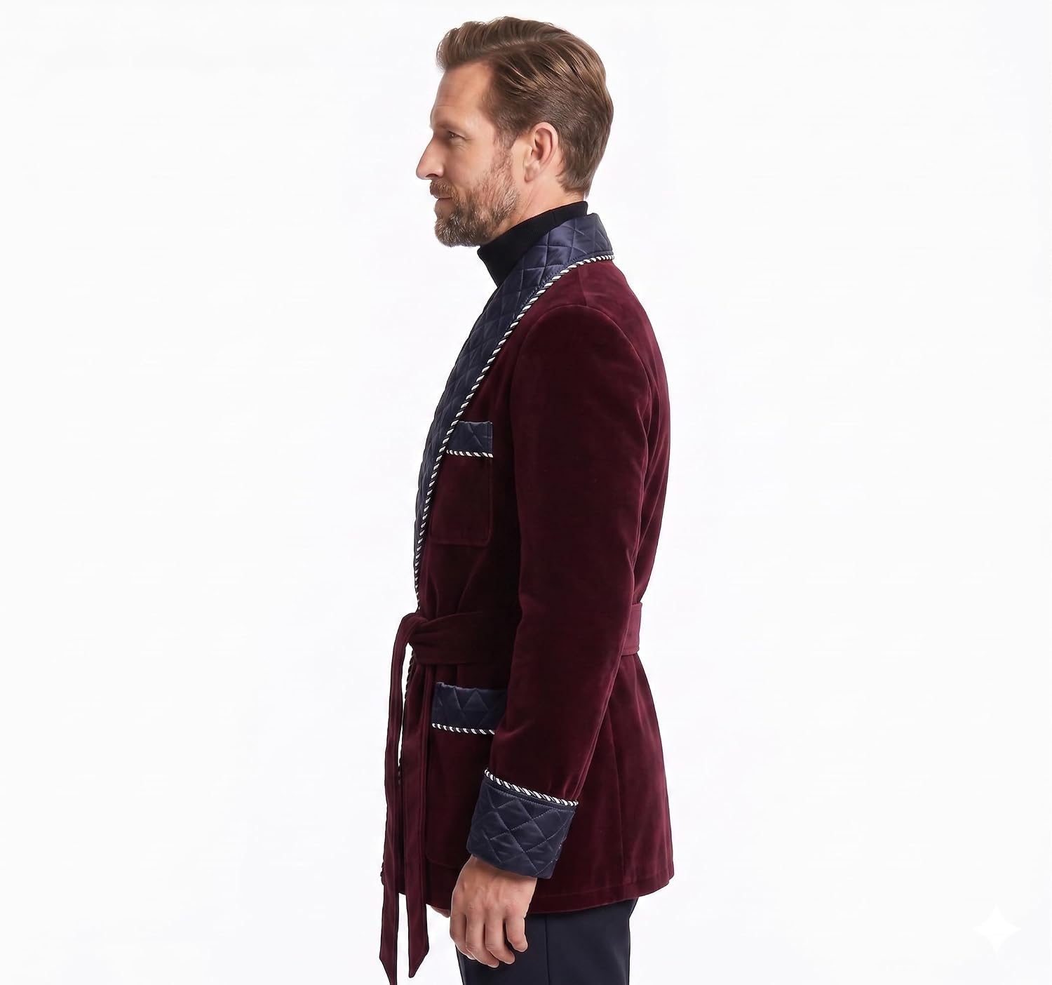 Men’s Burgundy Velvet Smoking Jacket with Blue Satin Quilted Collar | Luxury Belted Dinner & Party Host Robe Coat