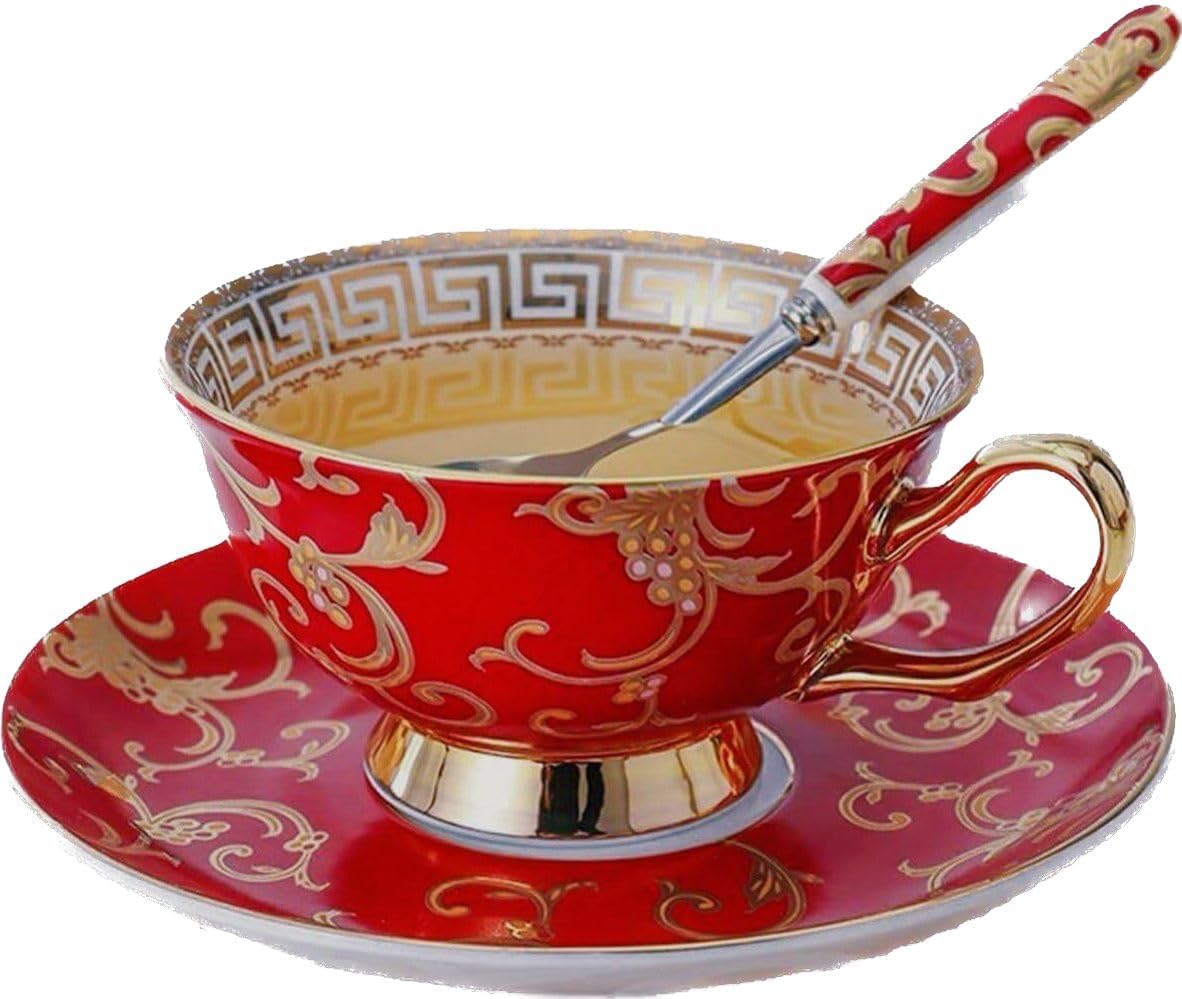YBK Tech Euro Style Bone China Cup& Saucer Set, Ceramic Tea Coffee Cup for Home Kitchen Wedding (Retro Flower Pattern- Red)
