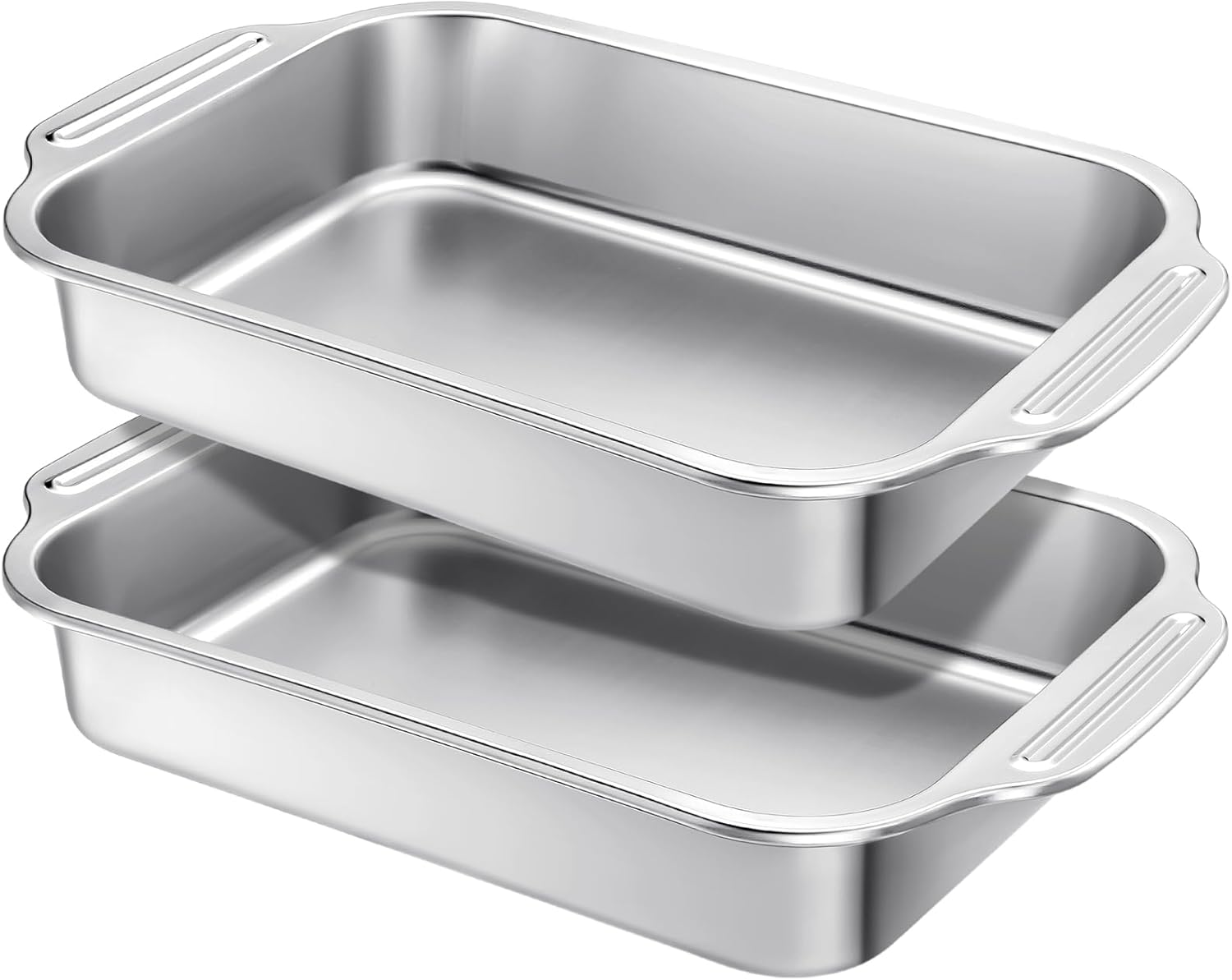 2 Pcs Stainless Steel Cake Pan Rectangle Sheet Baking Pan Bakeware for Fish Cakes Breads Casseroles Fish Vegetables Dishwasher Safe(Handle,15" X 10" X 2.36")