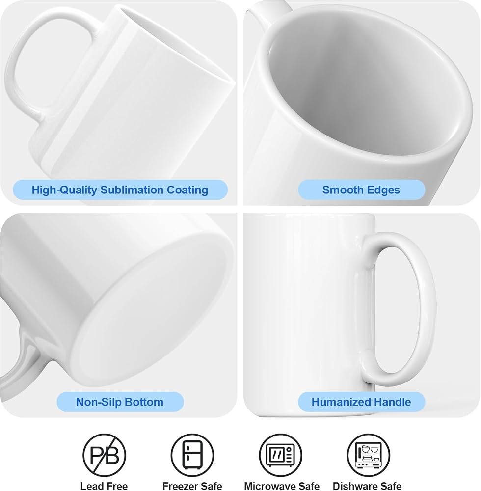 Dmsky Sublimation Coffee Mugs Tazas Para Sublimar 11 oz Blank Bulk Coffee Mug White Ceramic Photo Cups With Box, Heat Tape, sublimation paper Ideal for Crafts Printing Set of 12