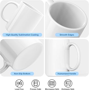 Dmsky Sublimation Coffee Mugs Tazas para Sublimar 11 oz Blank Bulk Coffee Mug White Ceramic Photo Cups with Box, Heat Tape, Sublimation Paper Ideal for Crafts Printing Set of 12
